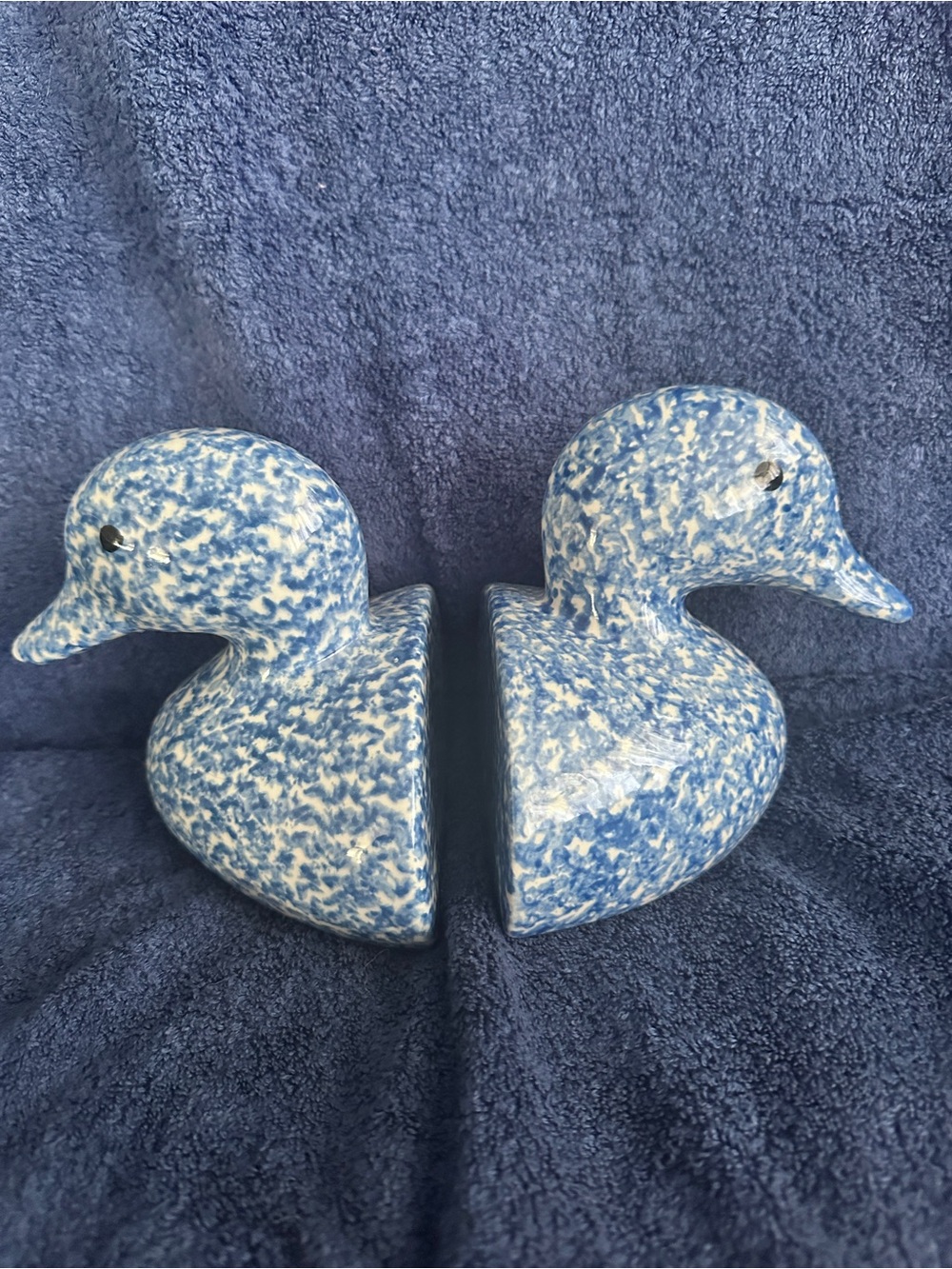Blue Speckled Ceramic Duck Bookends - Decorative Home Art